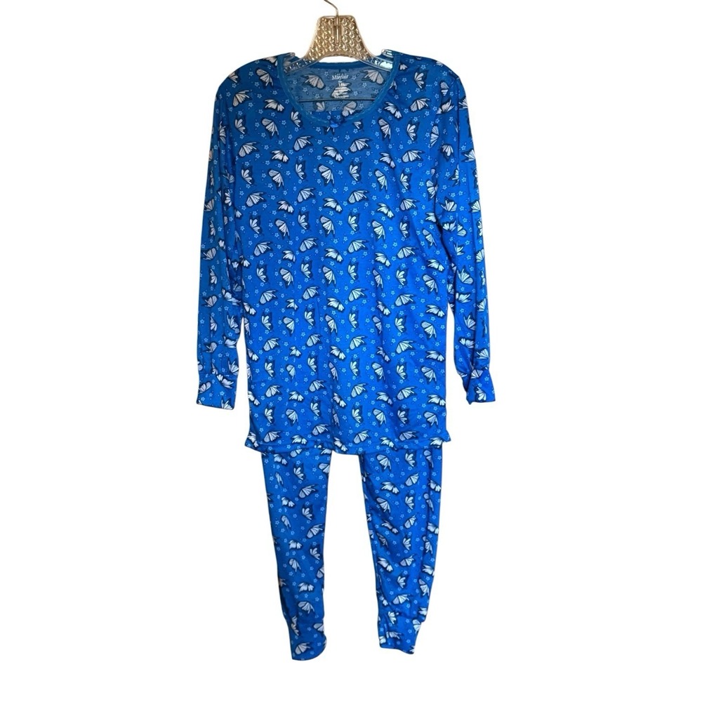 Mayfair Junior Ladies 1XL Blue Butterfly Print Long Sleeve Pajama Set READ